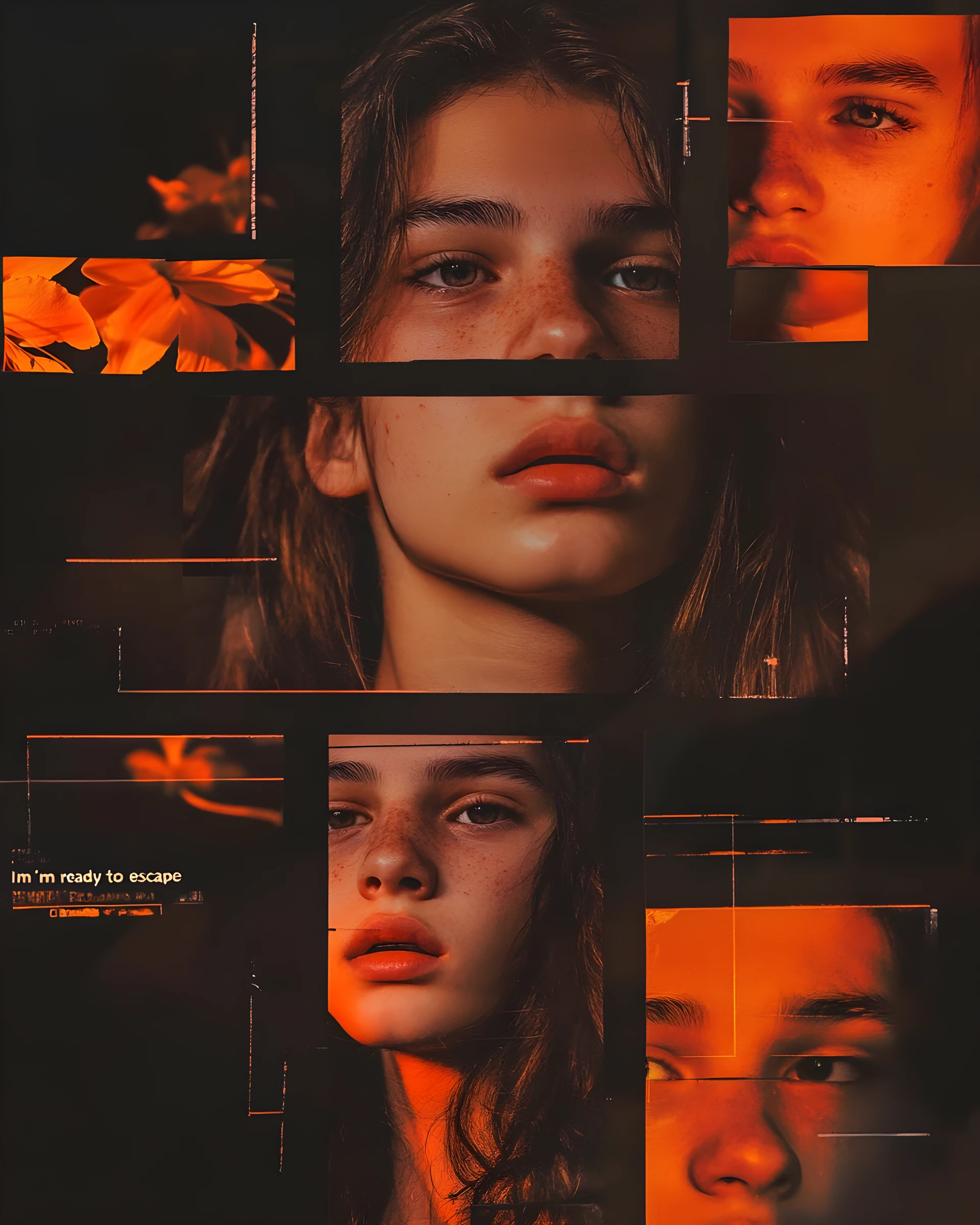 Colagem cinematográfica de uma jovem em retratos com flash e clima sombrio