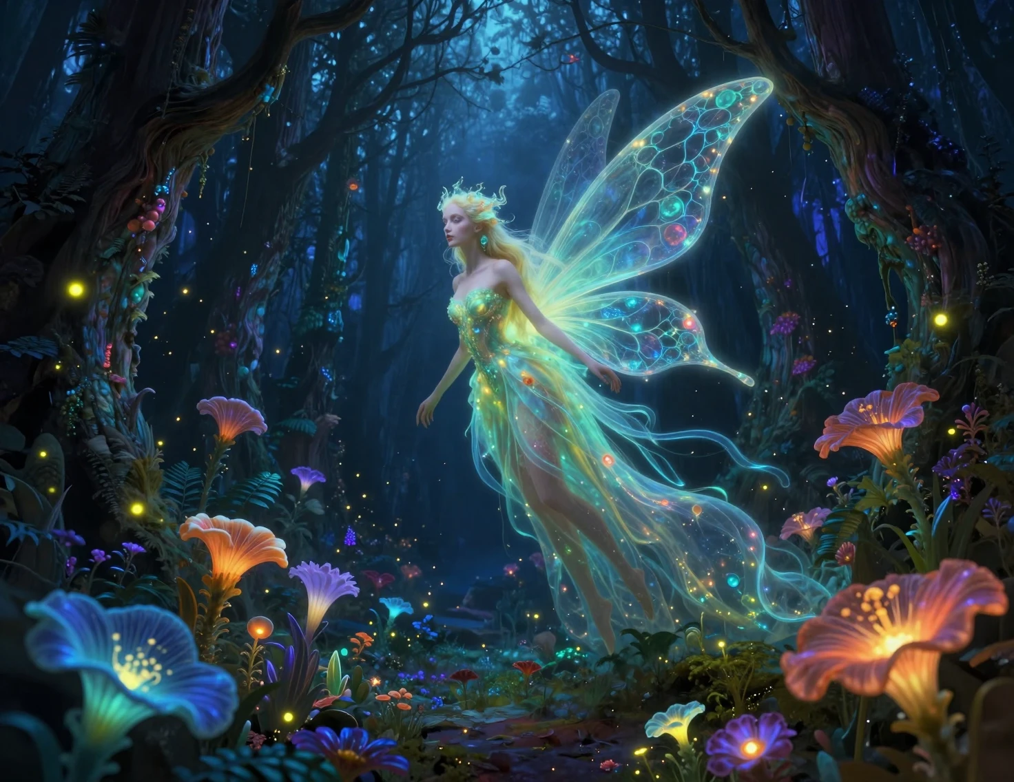 Hada onírica en un bosque abisal fosforescente y luminoso
