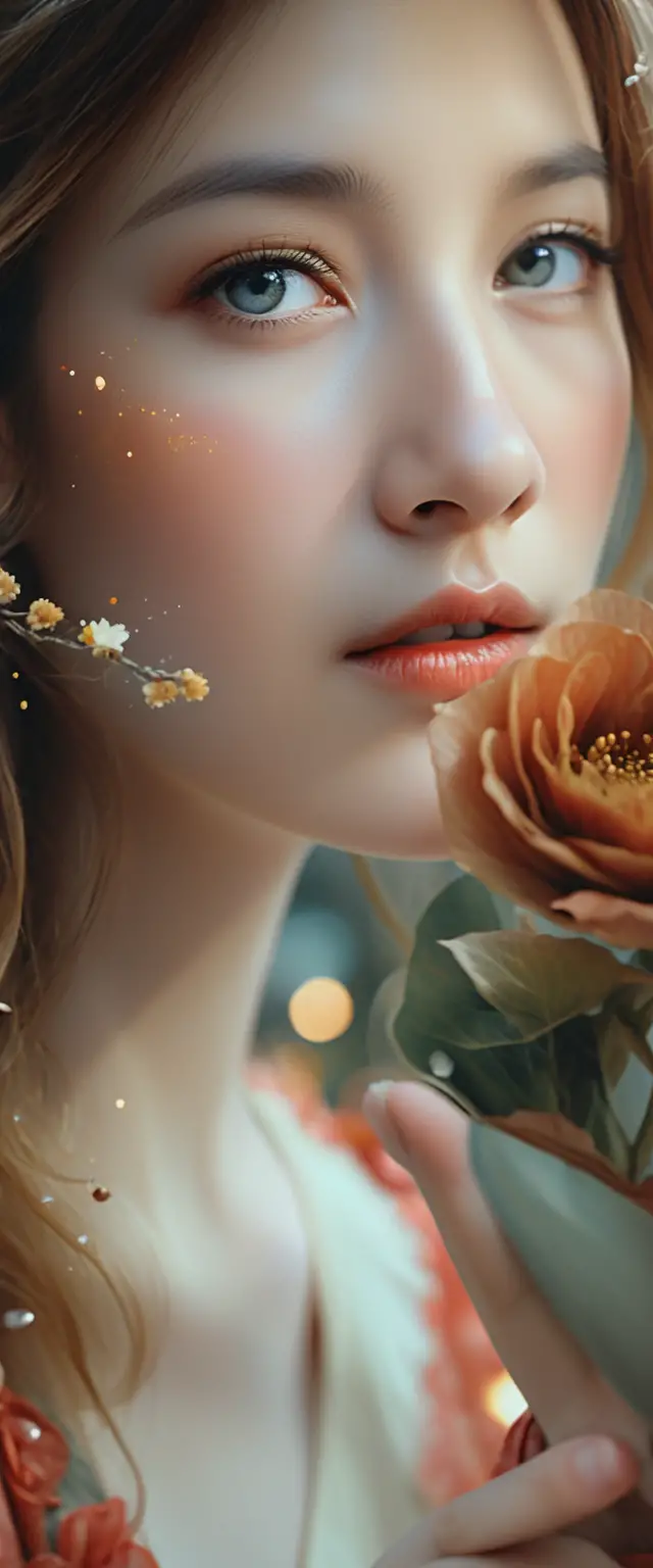 Woman admiring a flower from a high angle near veranda