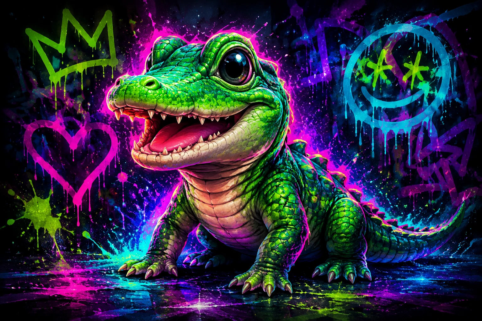 Filhote de jacaré neon fofo em estilo de grafite brilhante