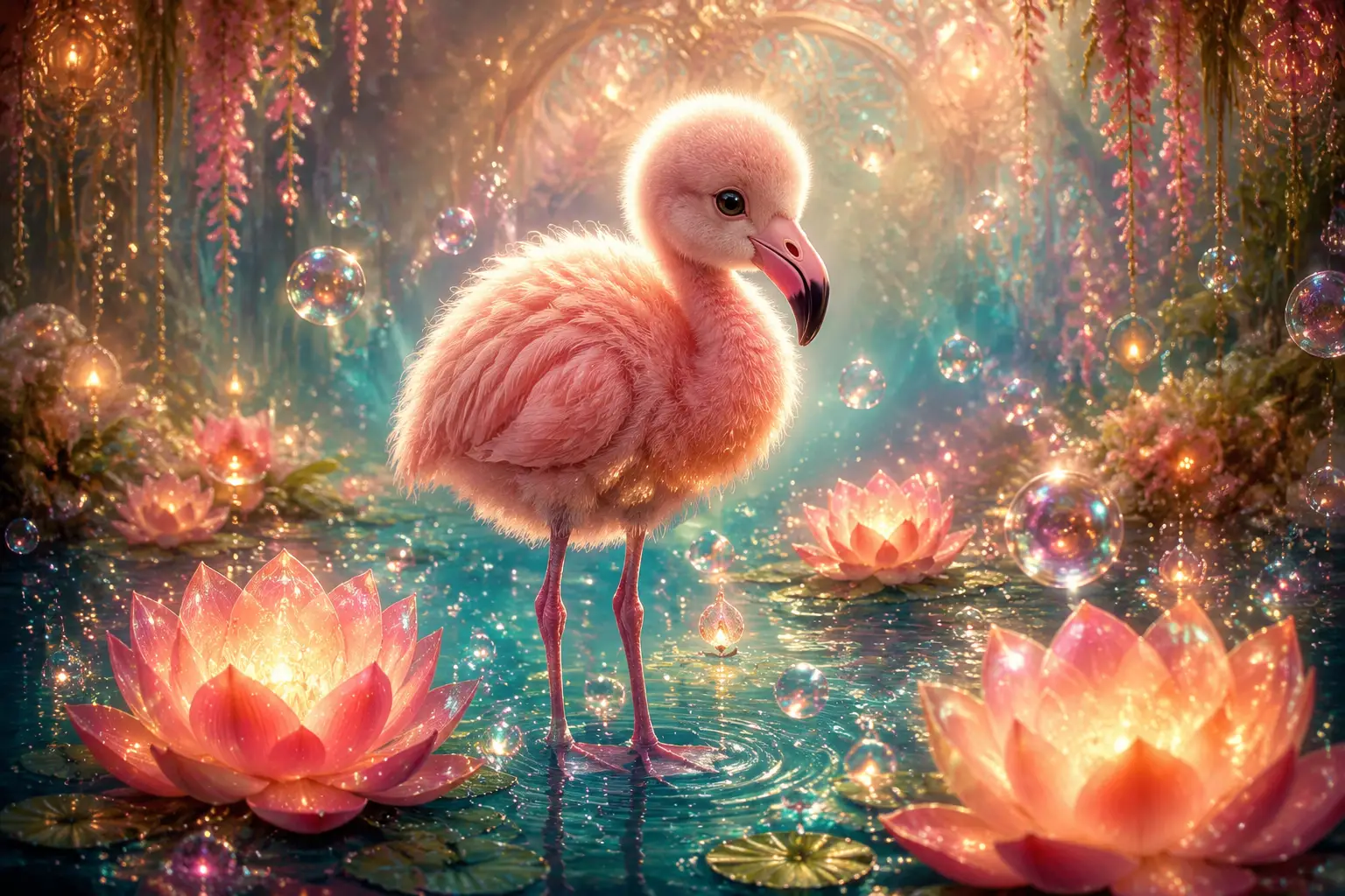 Niedliches Baby-Flamingo im leuchtenden Fantasiegarten am Wasser