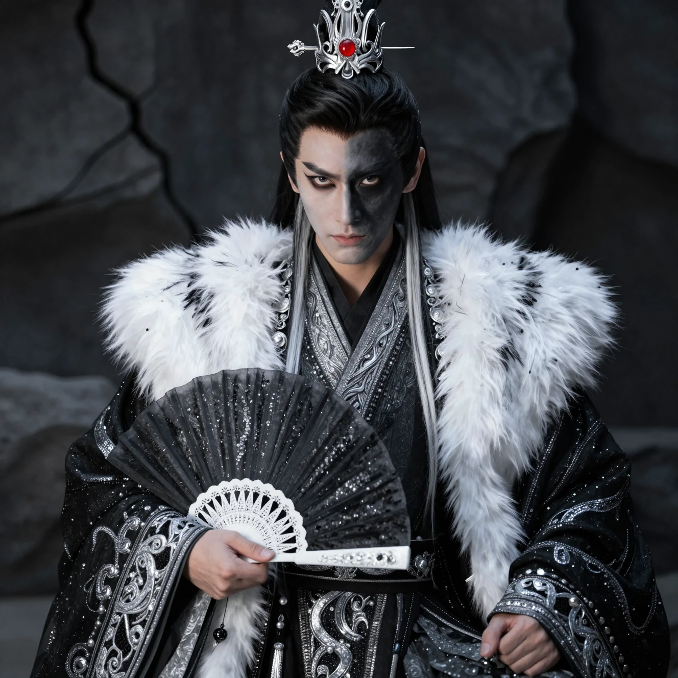 Roi de fantasy arrogant avec maquillage scindé dramatique