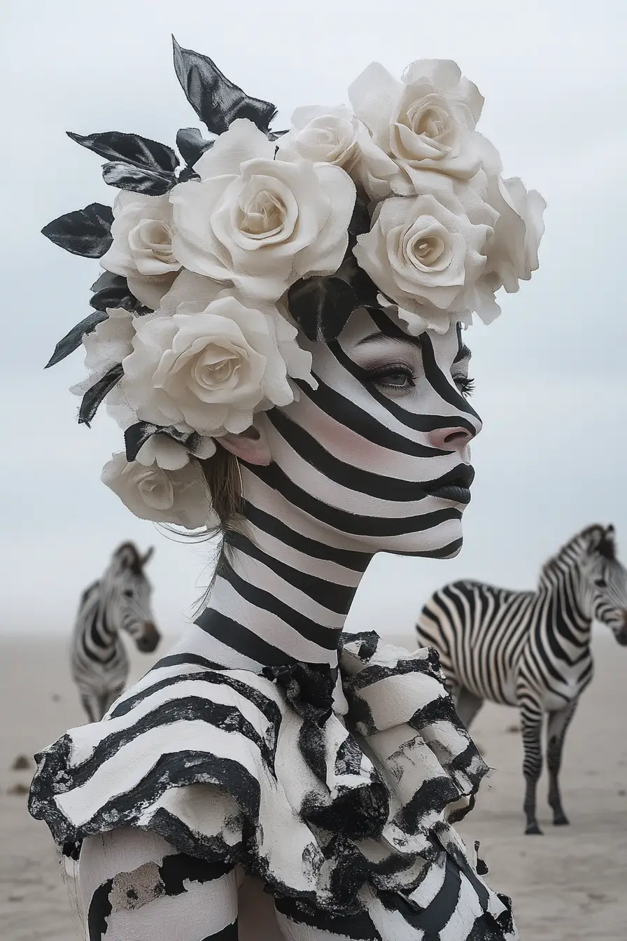 Surreales Porträt einer im Zebra-Stil gestalteten Frau mit floraler Kopfbedeckung