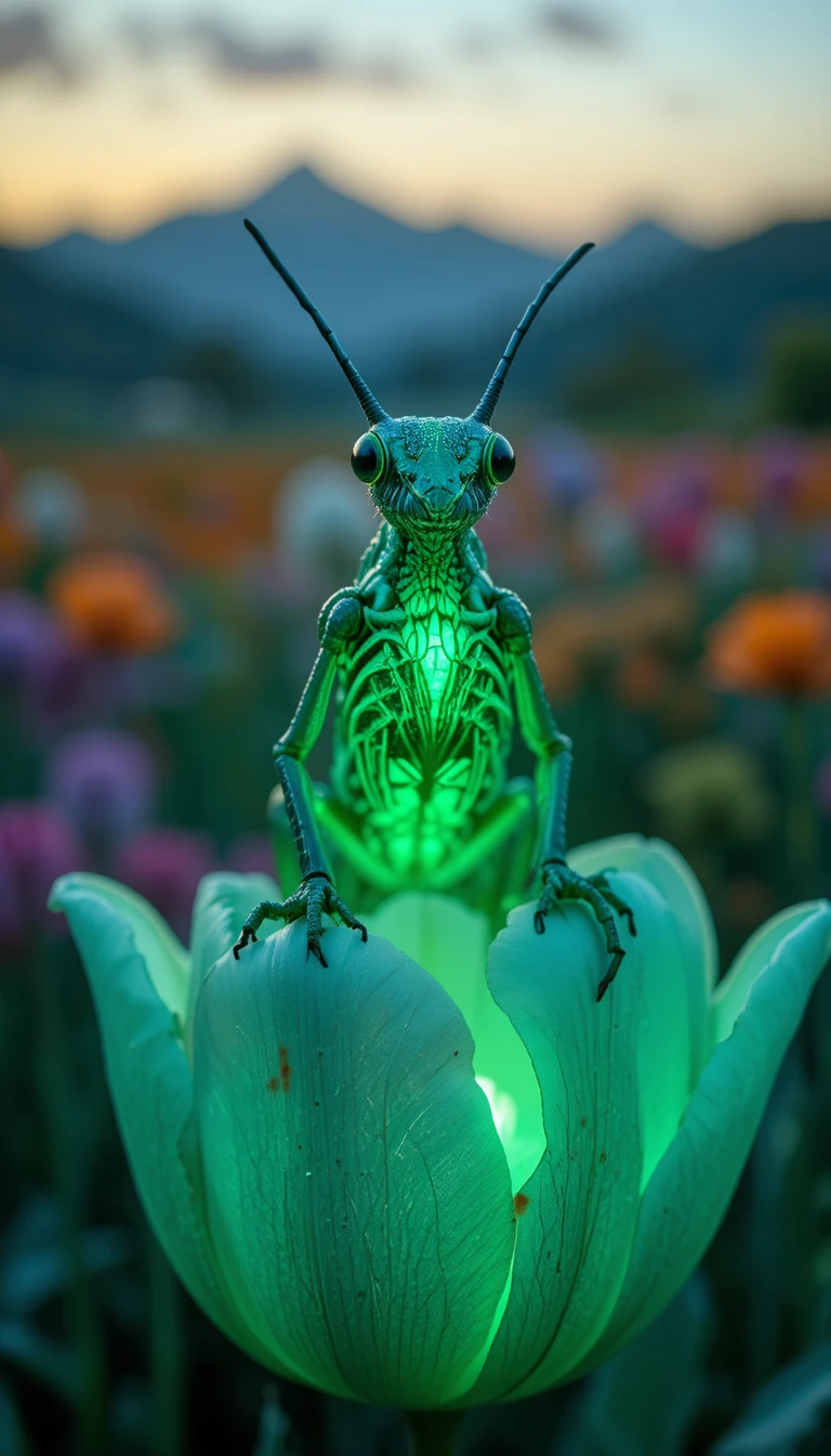 Luciérnaga en macro sobre pétalo de tulipán brillando a la suave luz del atardecer