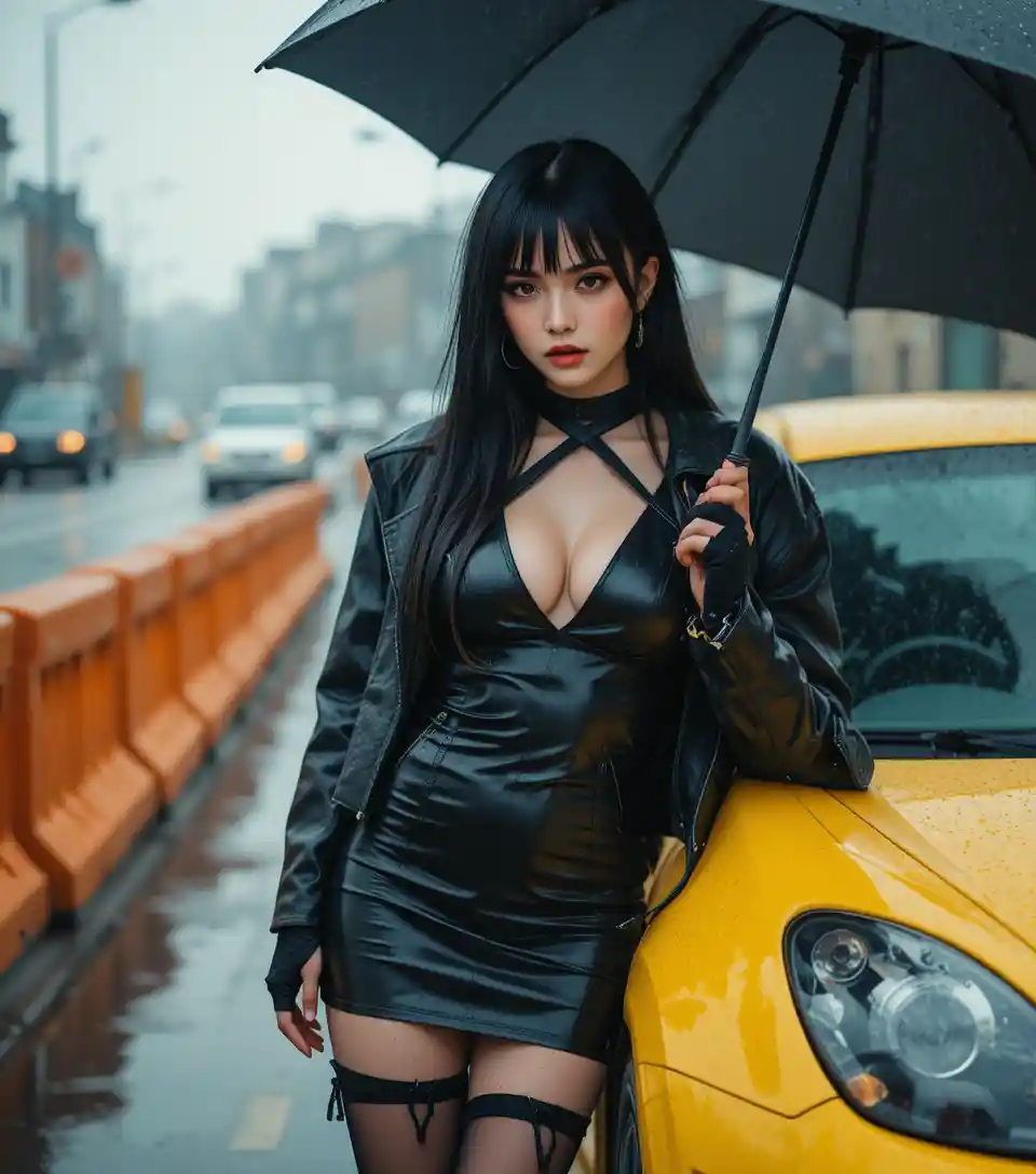 Mulher ousada de couro preto ao lado de carro amarelo em rua chuvosa
