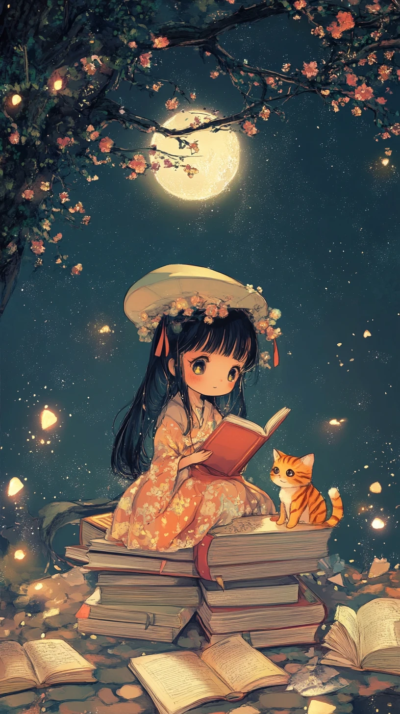 Garota chibi lendo com gato em folha mágica à noite