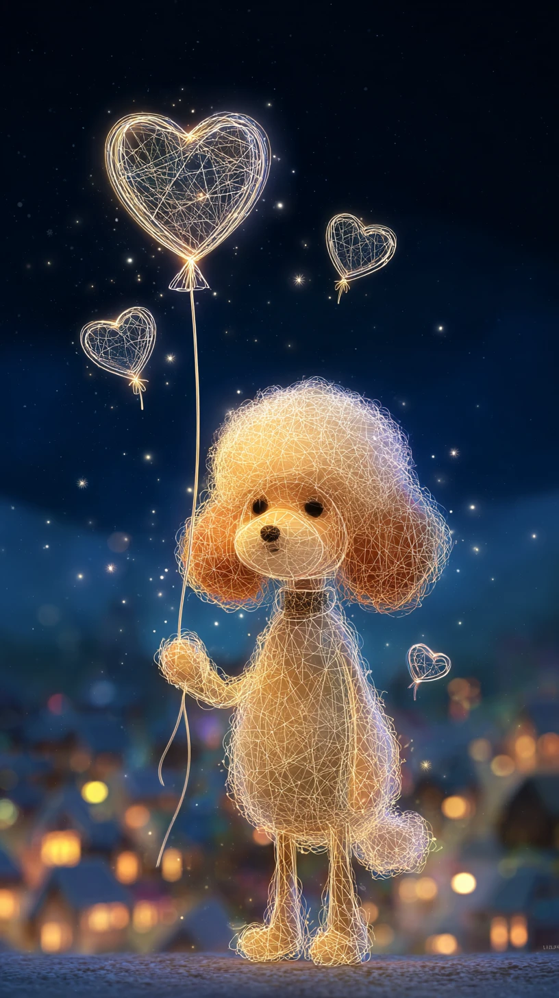 Caniche lumineux avec ballon en forme de cœur dans une scène de village nocturne