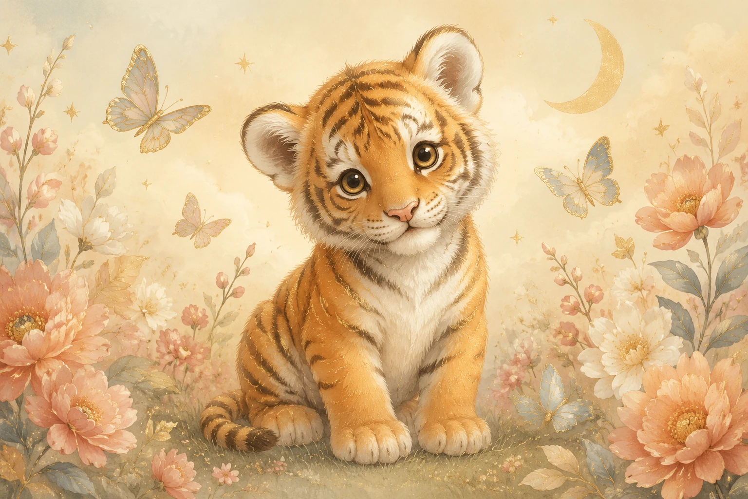 Cute tiger cub with butterflies nursery wall art
