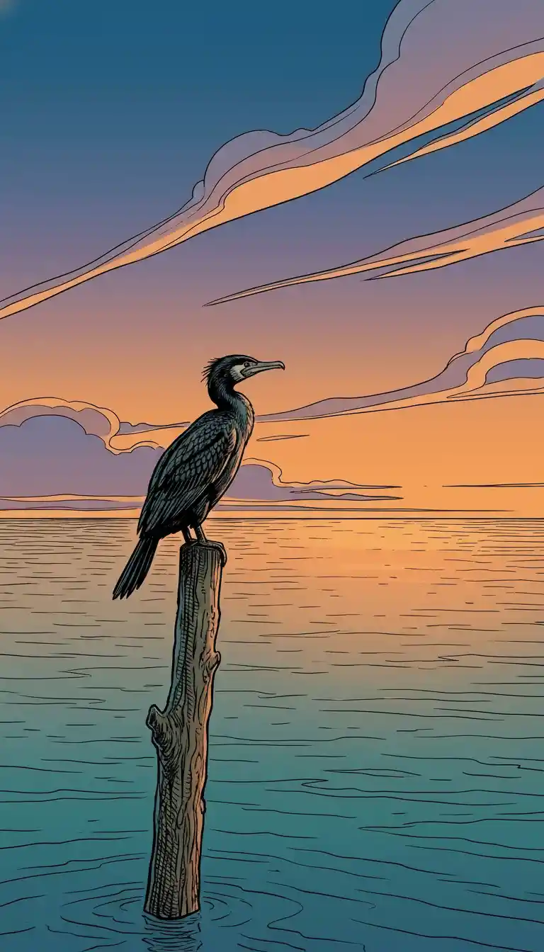 Cormorant On Pole Over Calm Sea At Minimalist Sunset