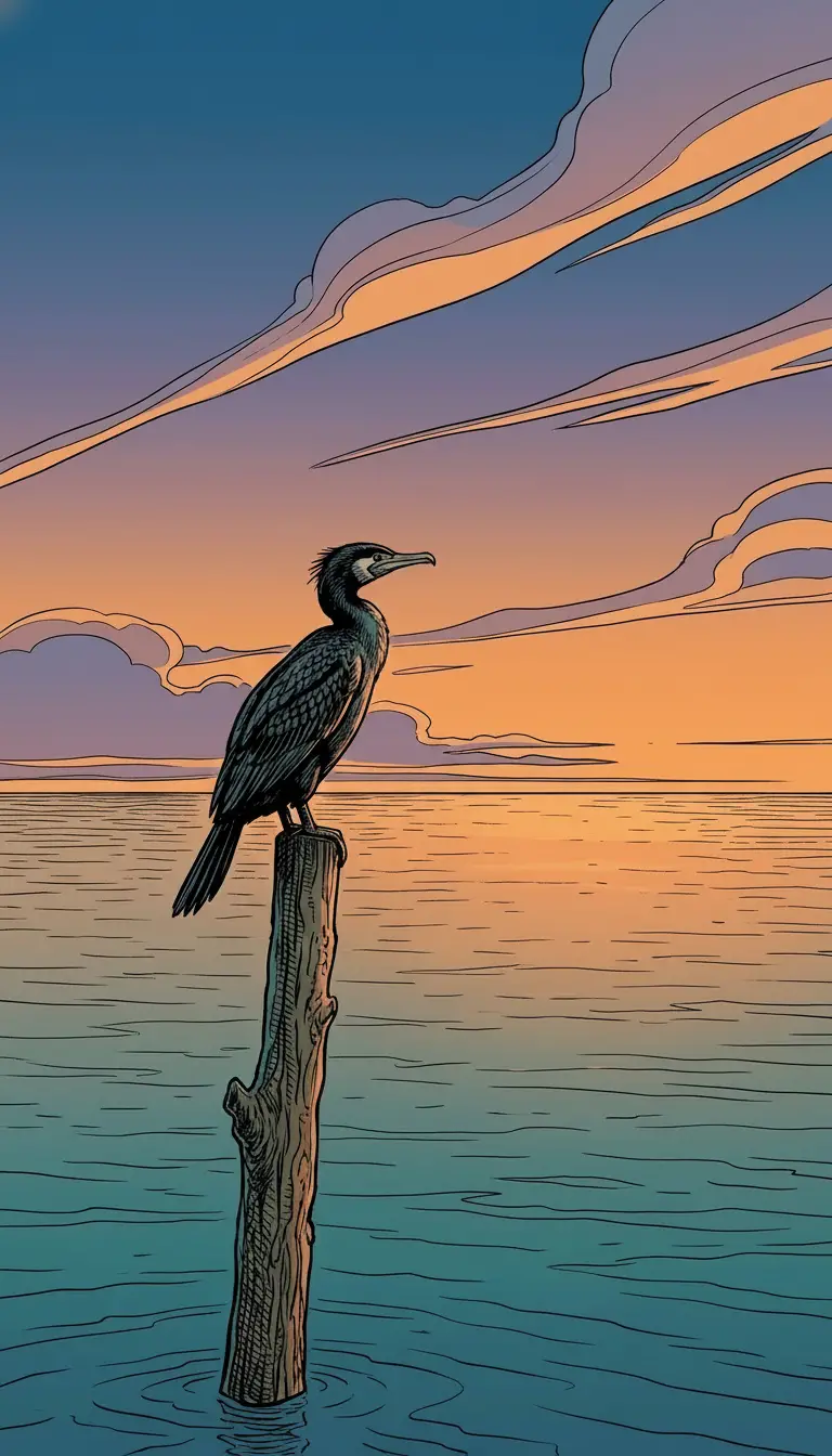 Cormoran sur un poteau au-dessus d’une mer calme au coucher de soleil minimaliste