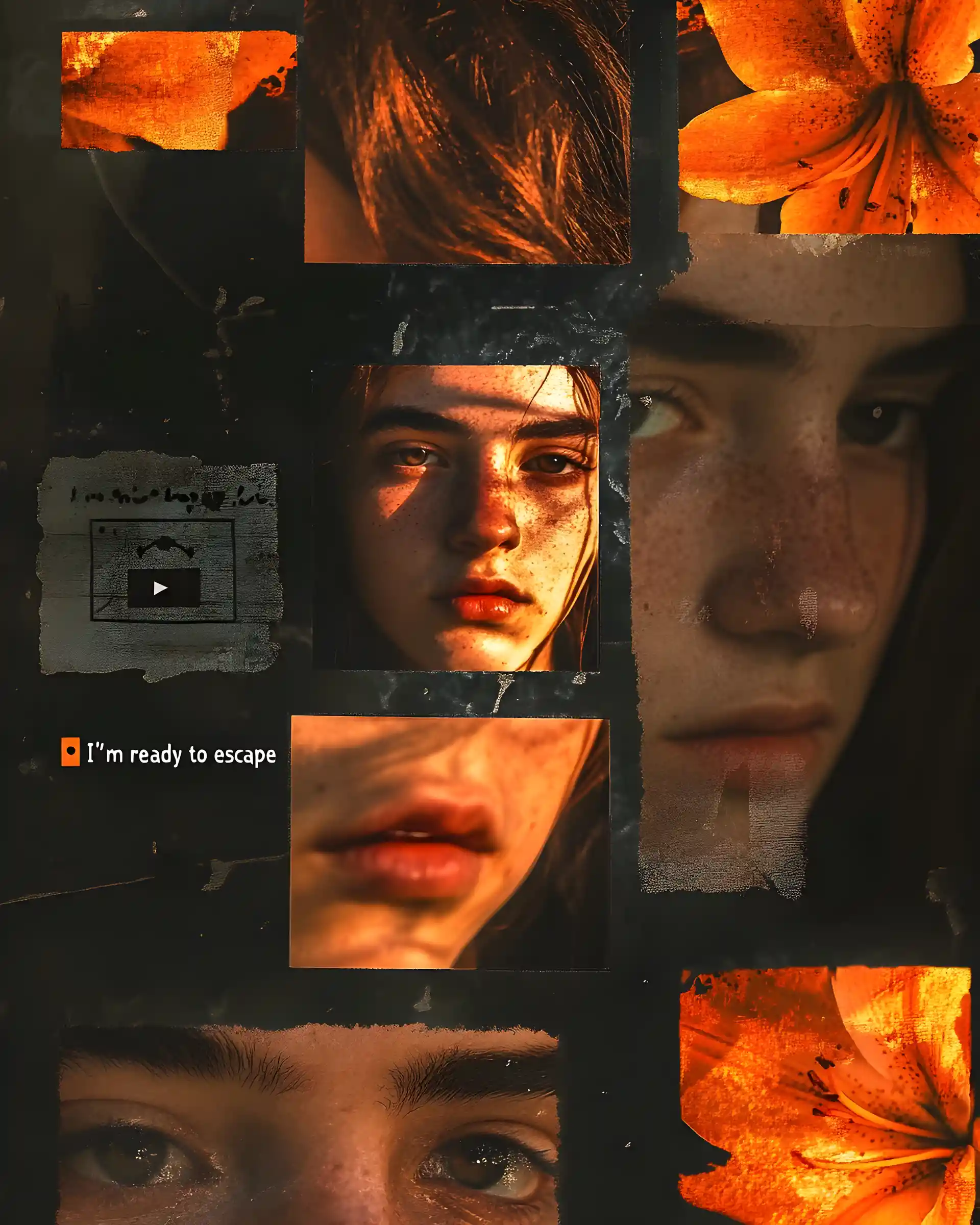 Cinematic collage of a girl in warm flash lighting