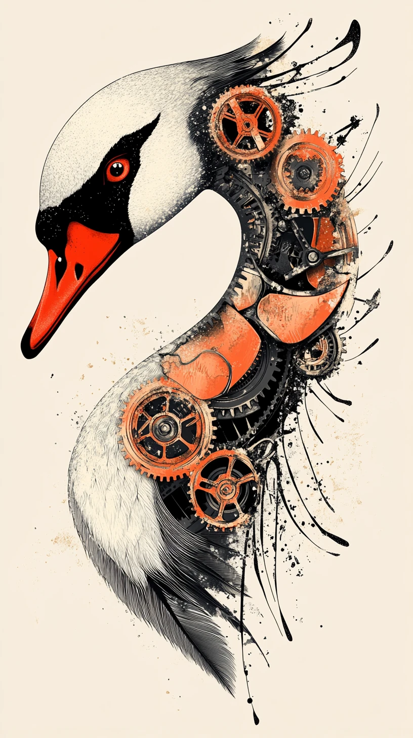 Profil de cygne pop art avec détails d’horlogerie mécanique