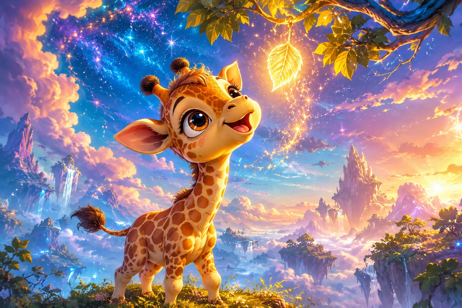 Adorable bébé girafe en dessin animé atteignant une feuille lumineuse