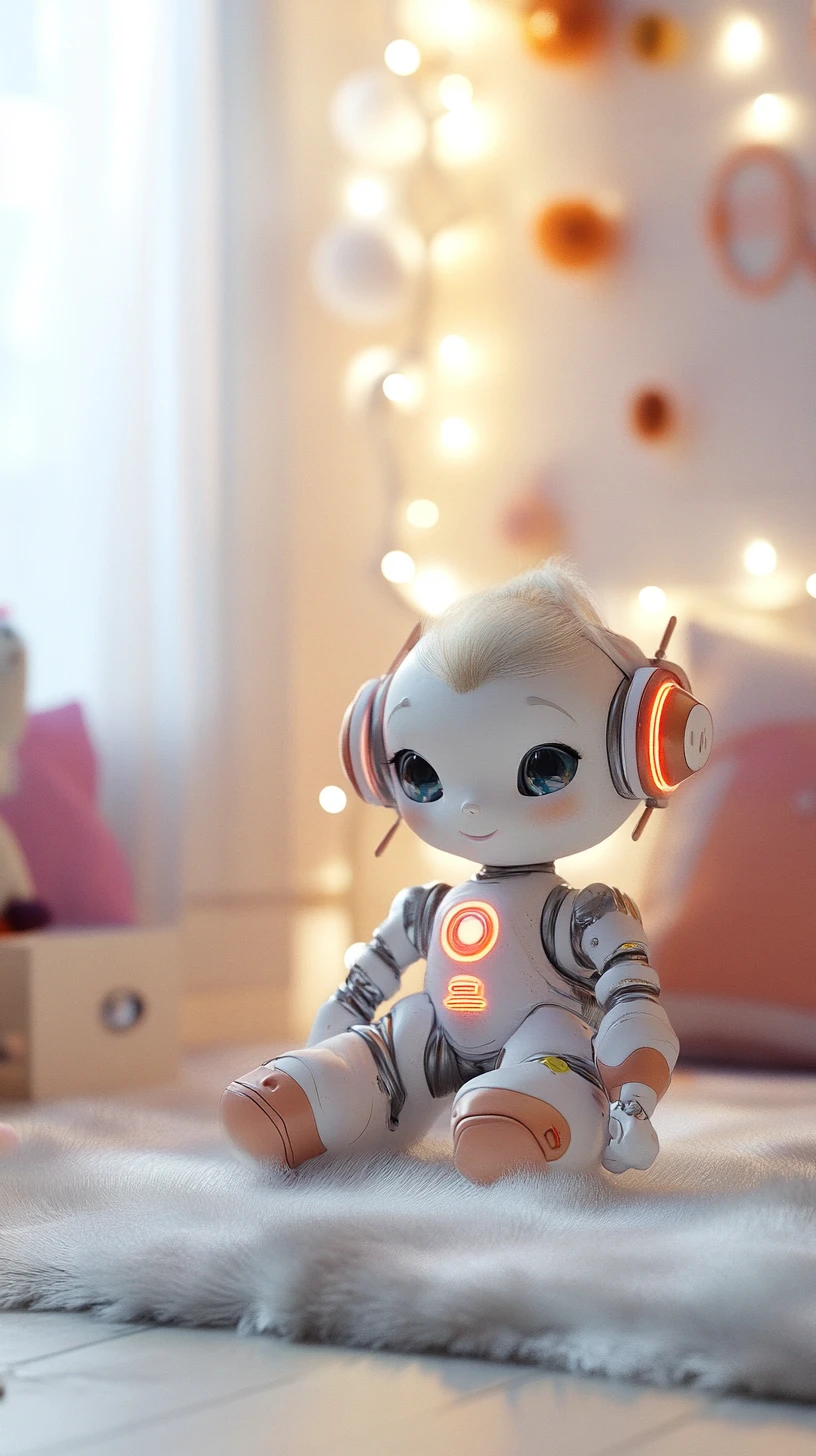 Boneca futurista em tapete branco felpudo em quarto infantil moderno