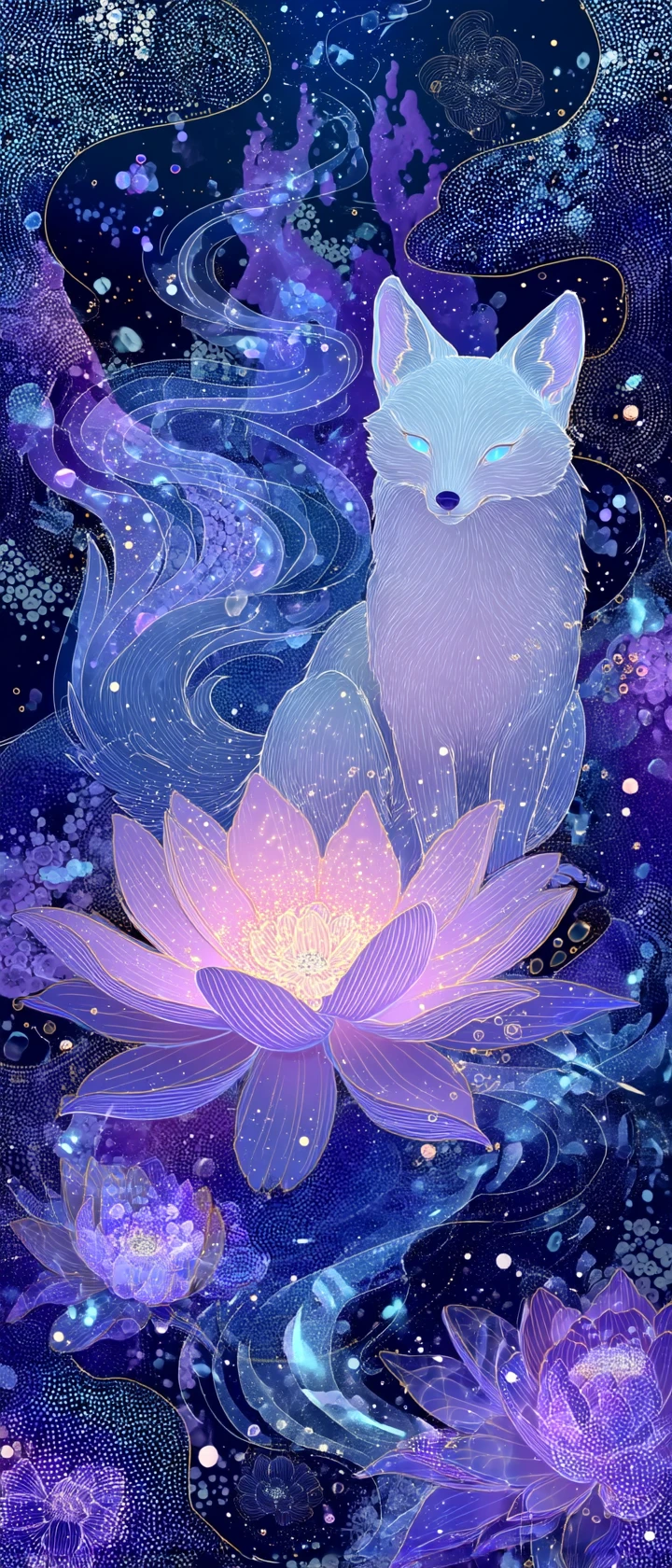 Esprit renard d’anime tissant la lumière des étoiles dans un lotus épanoui