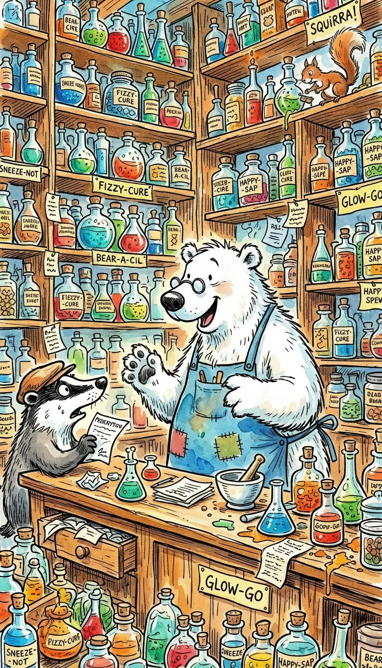 Allegro orso polare cartoon in una colorata illustrazione di farmacia