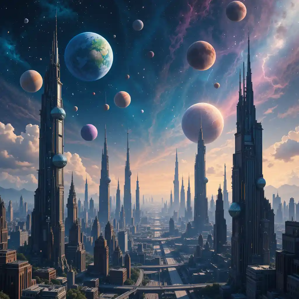 Paesaggio urbano futuristico sotto pianeti e lune colorati