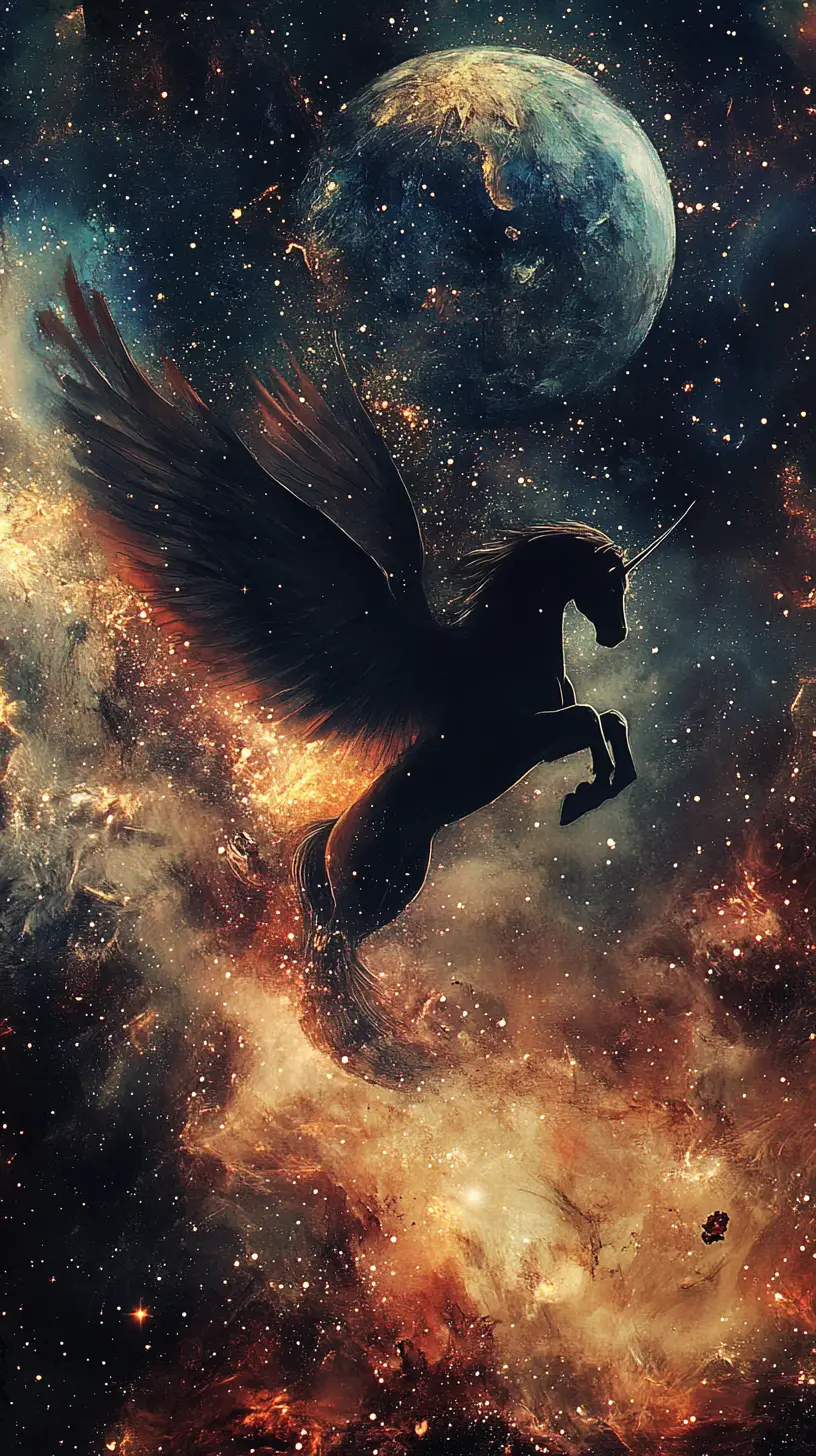 神祕天馬降臨旋轉星空行星之上