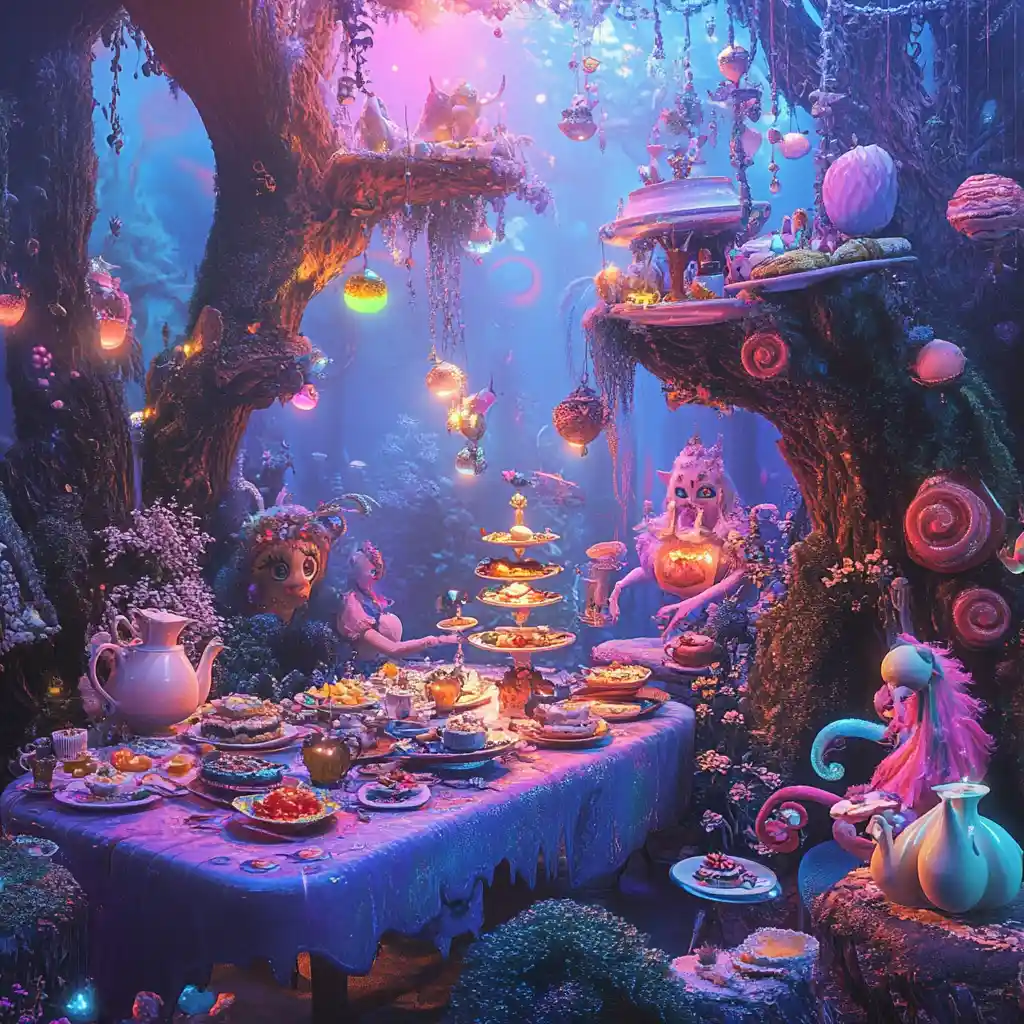 迷人奇幻角色在魔法森林裡吃早餐