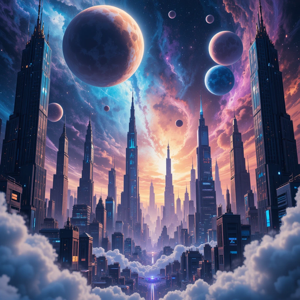Skyline di città futuristica sotto pianeti e lune colorati