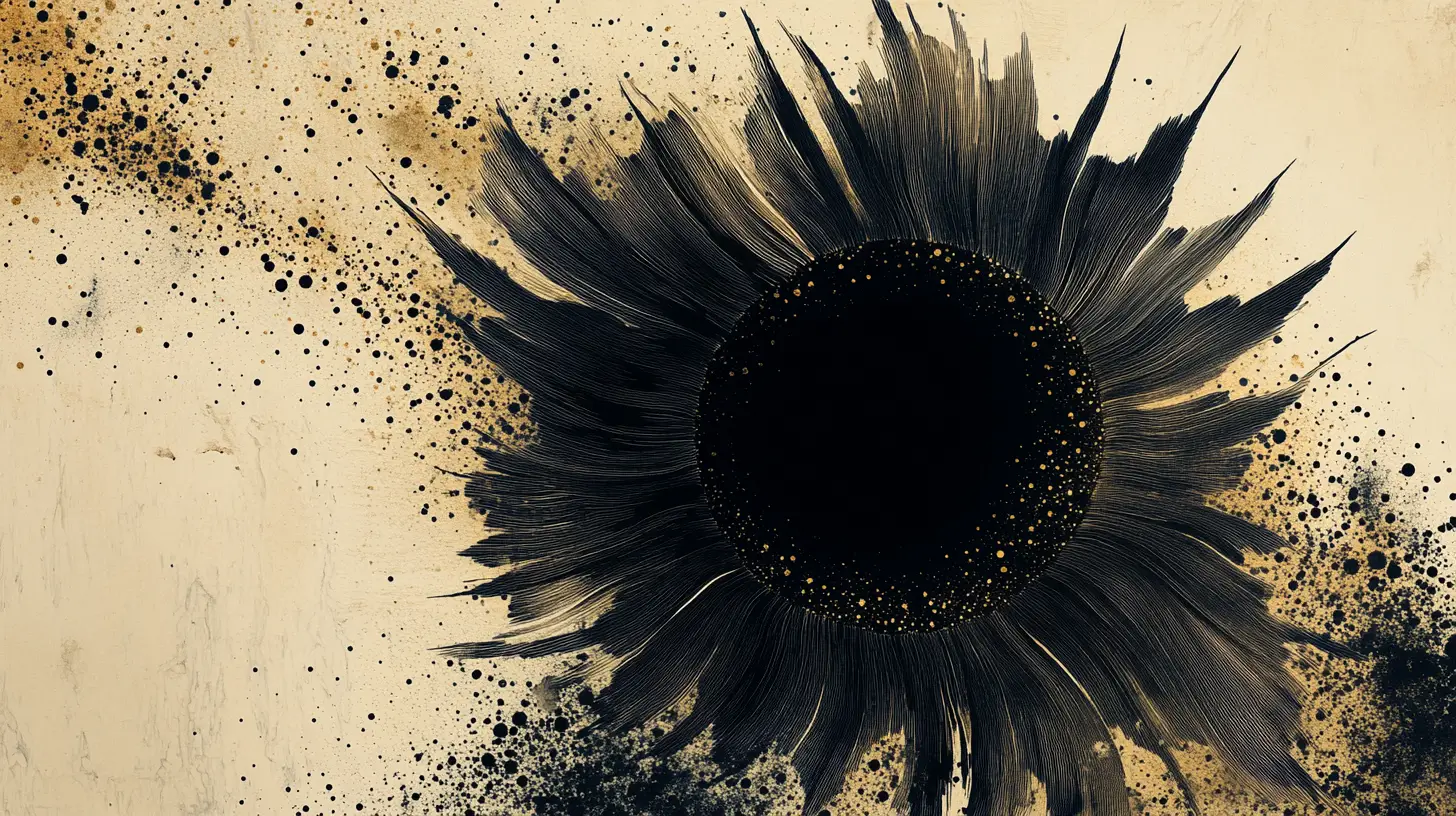 Dunkle abstrakte Blüte, die ein Halbton-Punkte-Universum verzerrt
