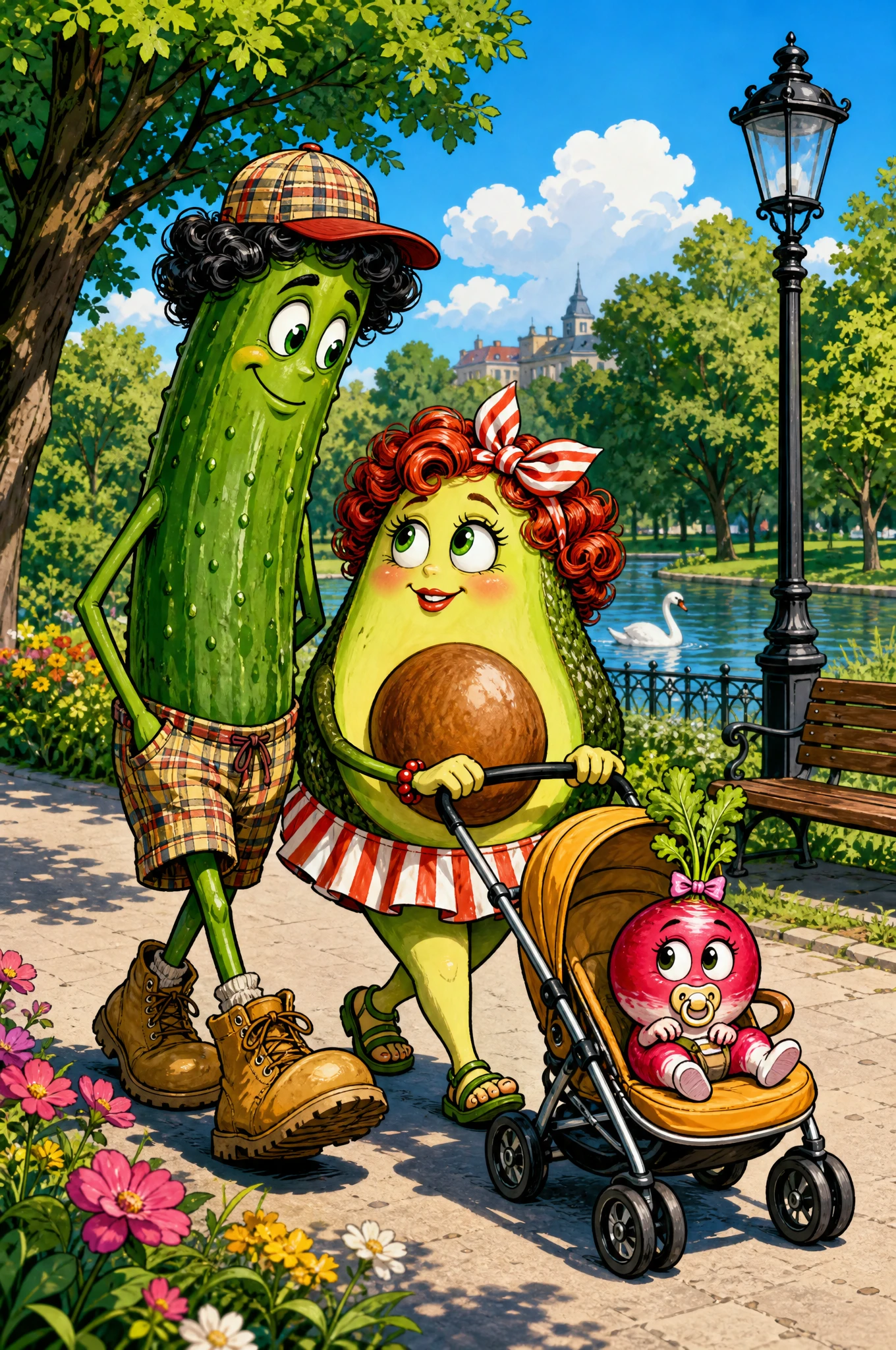 Cartoon vegetable family walking through a sunny city park