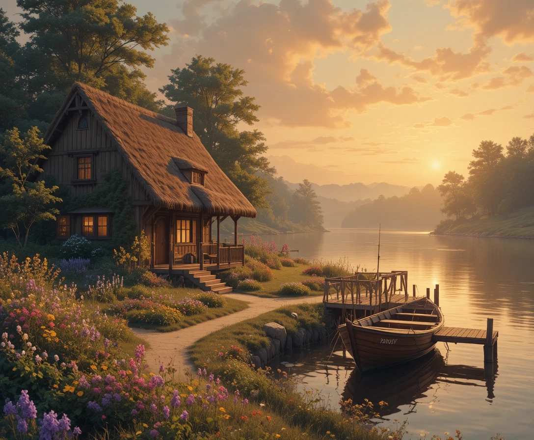 Gemütliche Hütte am Fluss bei goldenem Sonnenlicht in Fantasielandschaft