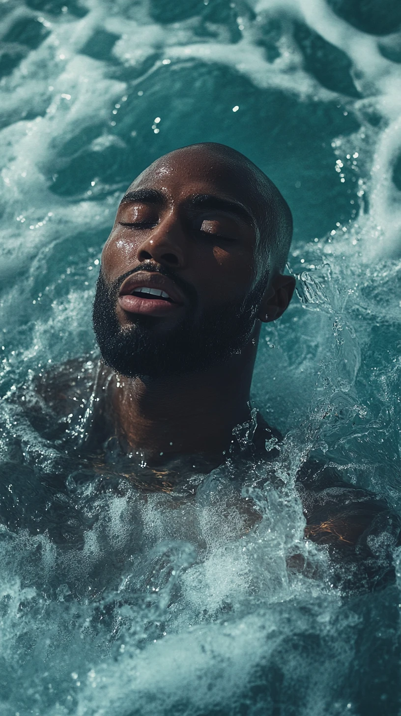 Homem careca alegre em um cenário surreal de oceano fantasioso