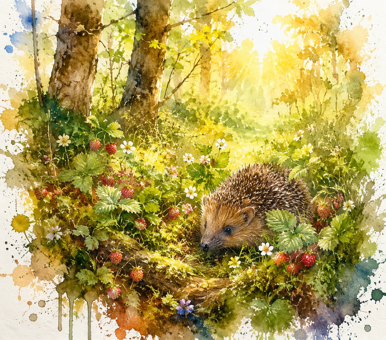 Ouriço em aquarela entre musgos da floresta e morangos silvestres