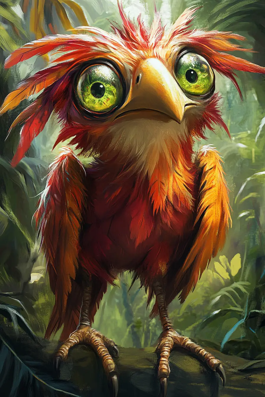 Oiseau fantastique néon et enjoué penché en avant dans la forêt