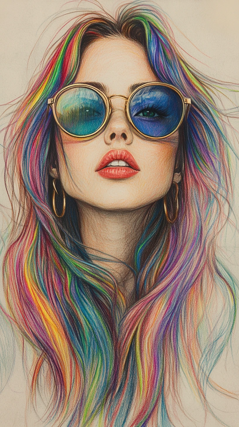 Retrato a Lápis de Cor de Garota com Cabelo Arco-Íris