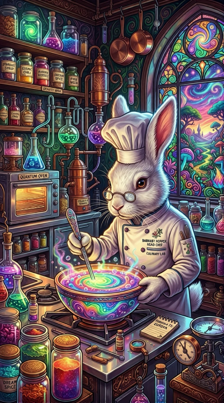 Conejo chef antropomórfico estudiando un cuenco alquímico brillante