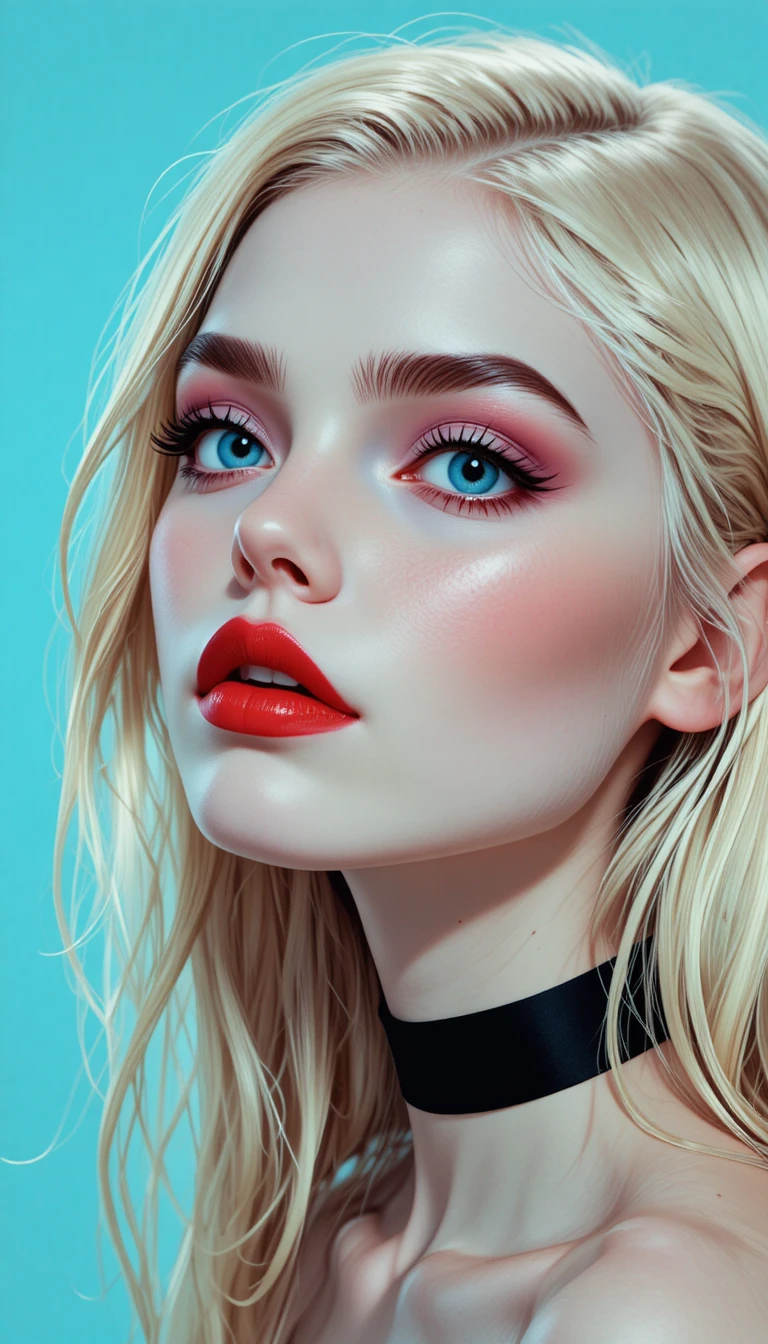 Blonde girl portrait with blue eyes and red lips