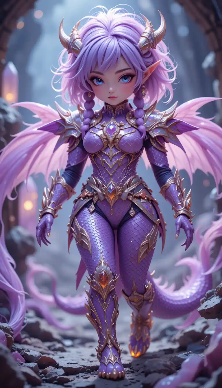 水晶洞窟の虹色のハーフドラゴンエルフ戦士