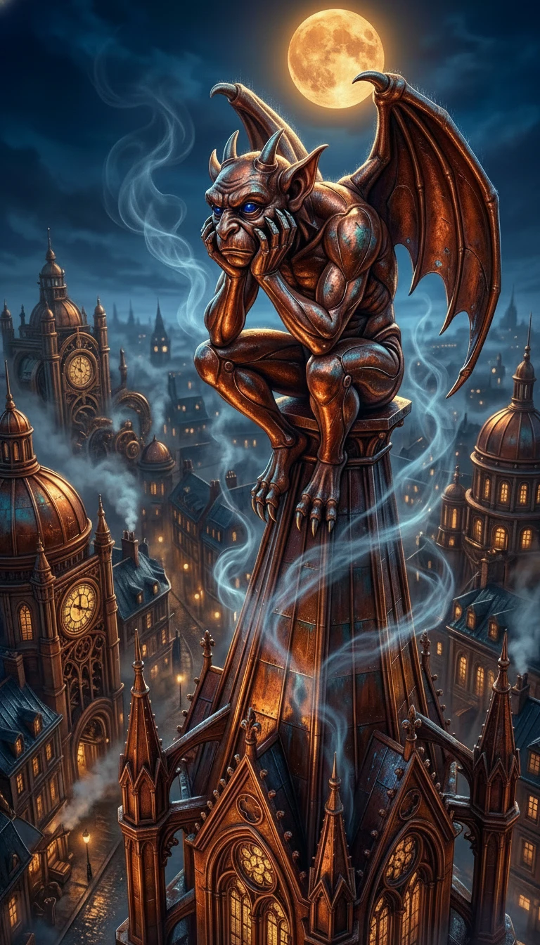 Gárgula de cobre observando uma cidade steampunk ao luar