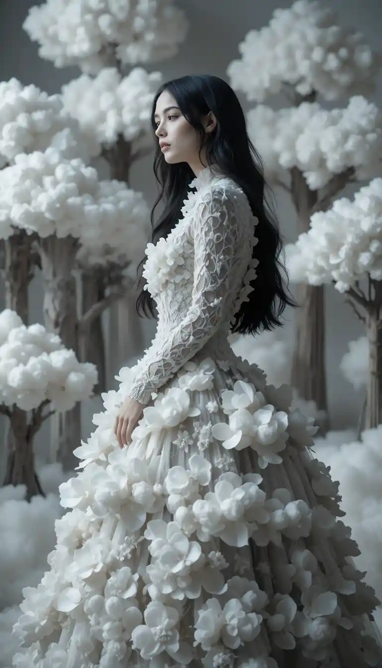 Retrato de moda etéreo de uma mulher em um vestido semelhante a nuvem