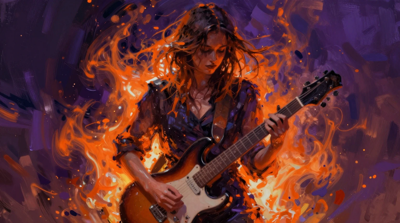 Jovem mulher se dissolvendo em pintura noturna abstrata e incendiária