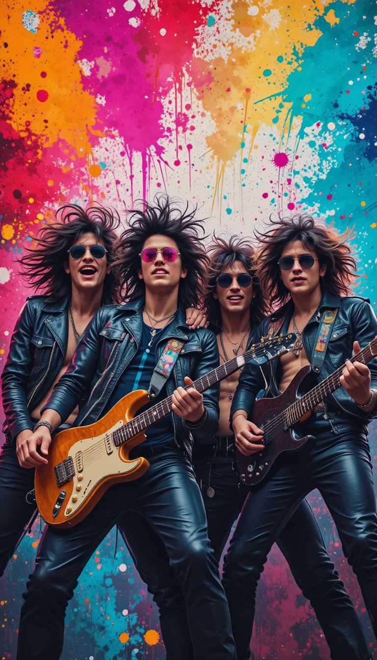 Quattro musicisti rock si esibiscono con sfondo astratto e colorato