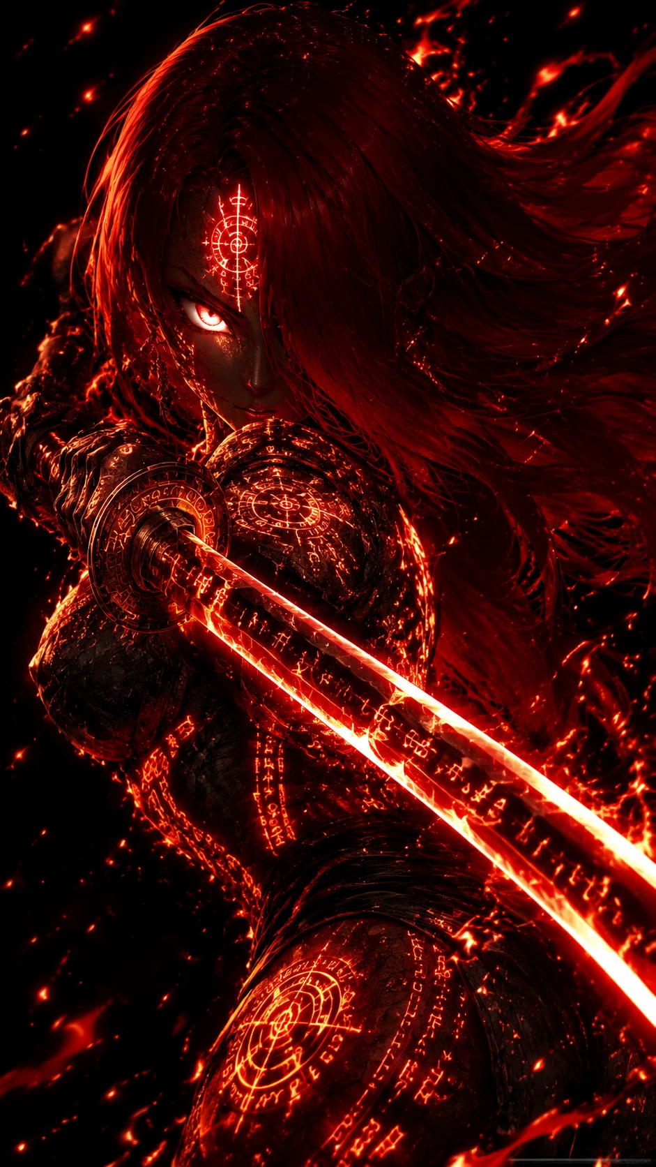 Anime-Kriegerin mit leuchtenden Runen und Katana