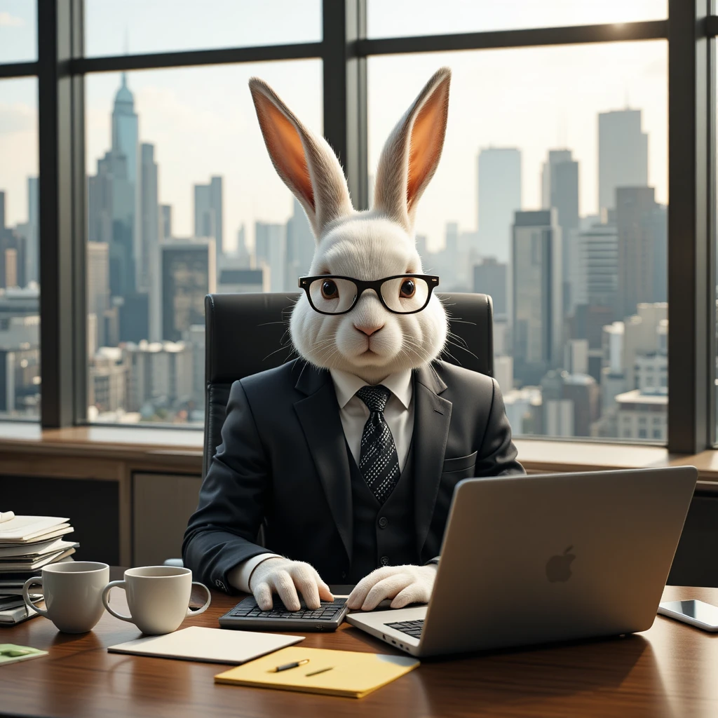 Lapin blanc réaliste en costume d’affaires travaillant sur un ordinateur portable