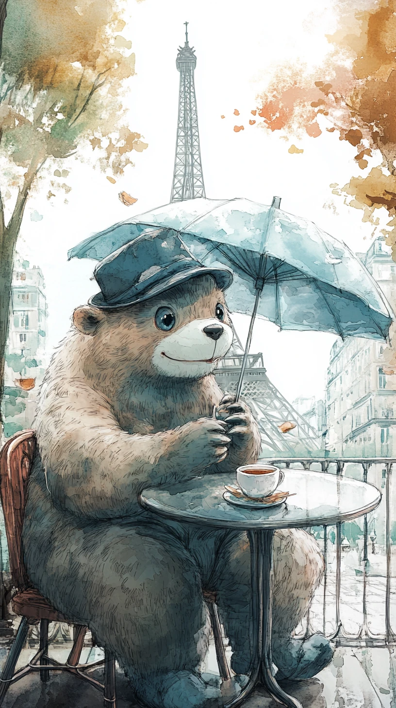 Monstro peludo e gentil tomando chá em um café de Paris
