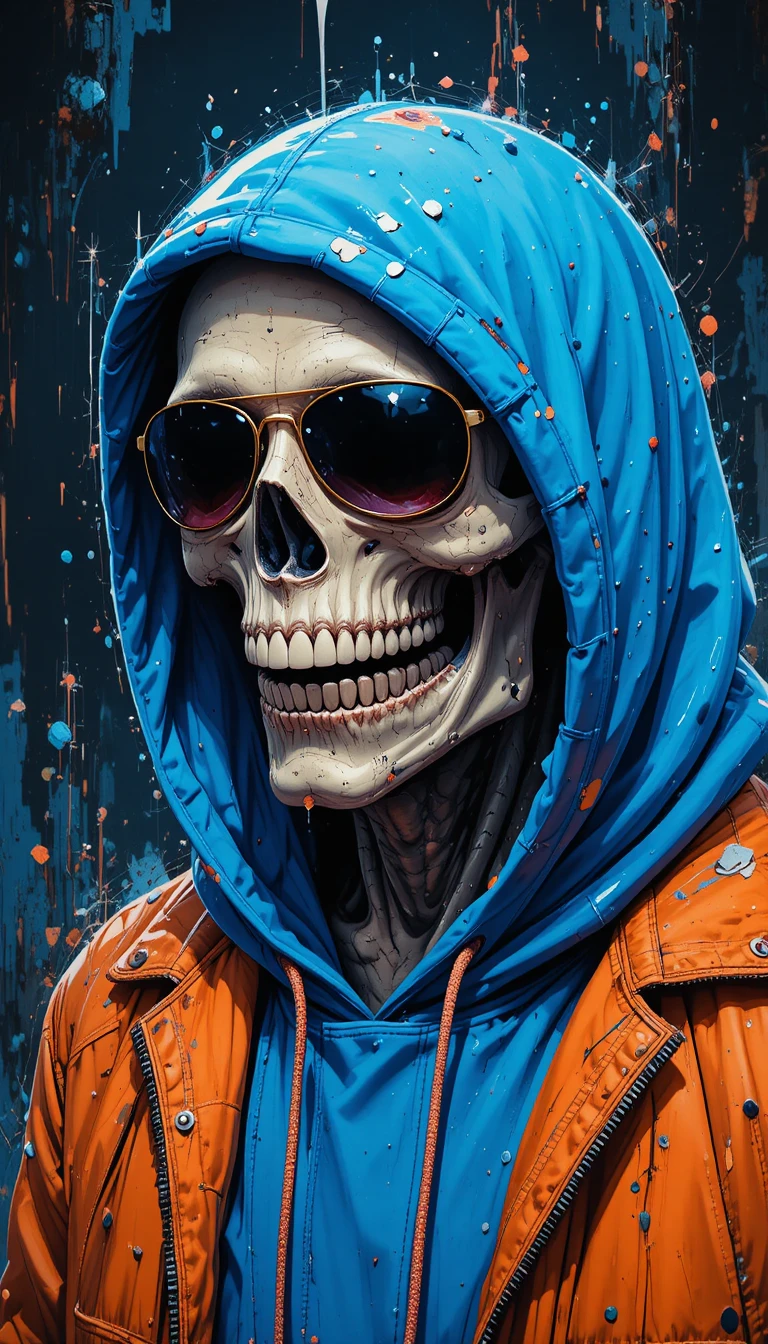 Crâne souriant en hoodie et veste avec lunettes d’aviateur
