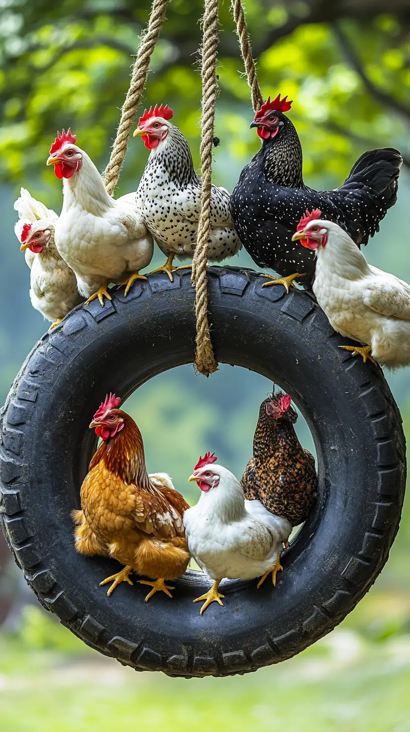 Poules colorées perchées ensemble sur une balançoire rustique en pneu