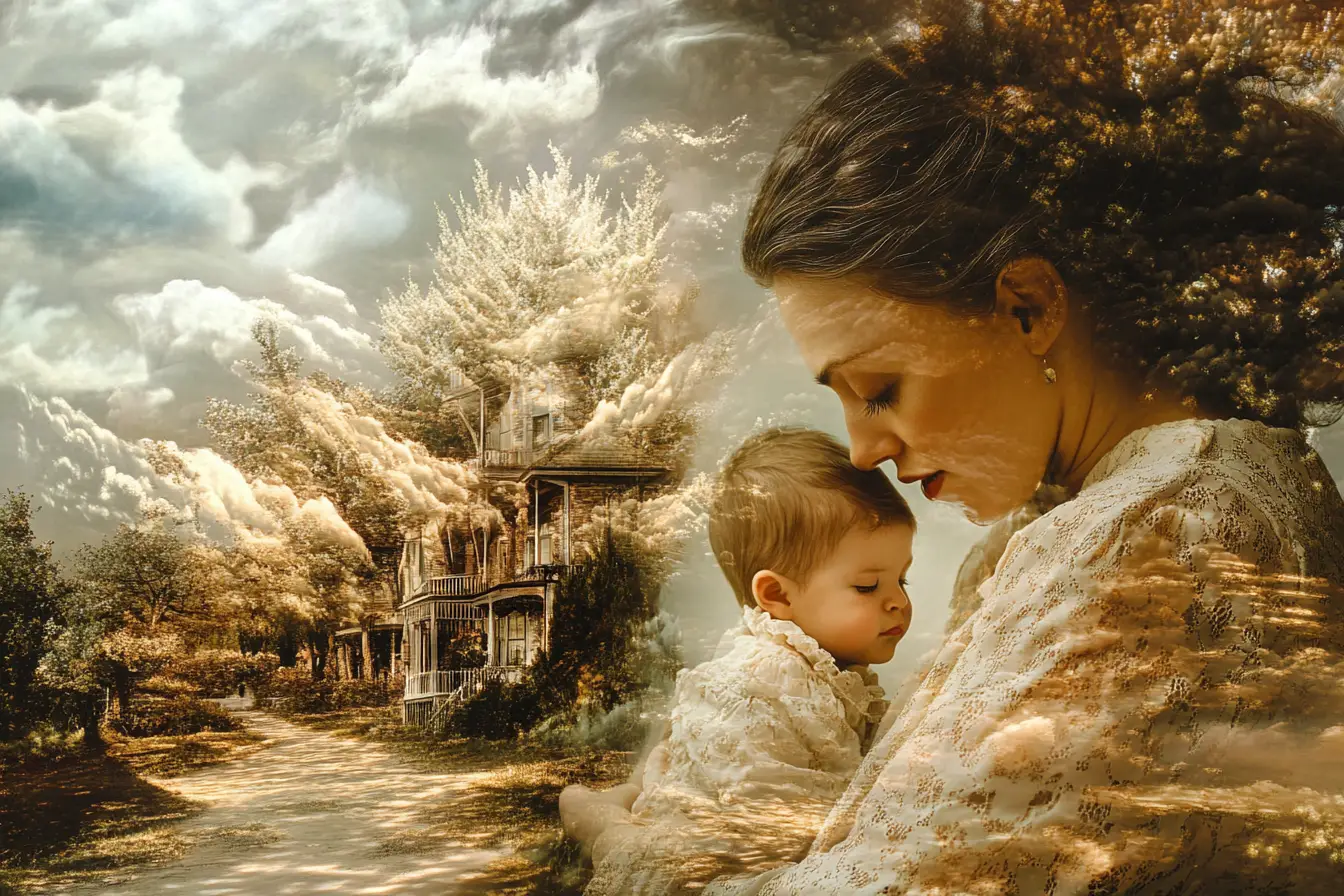 Surreal illusion of a mother and child in shifting forms