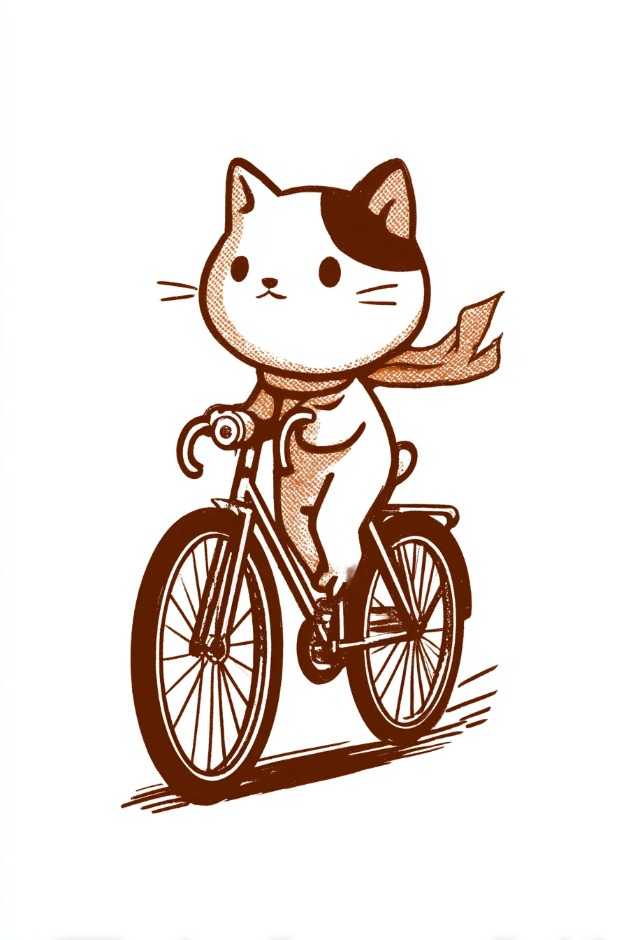 Gato malhado de desenho animado andando de bicicleta em estilo vintage de estampa