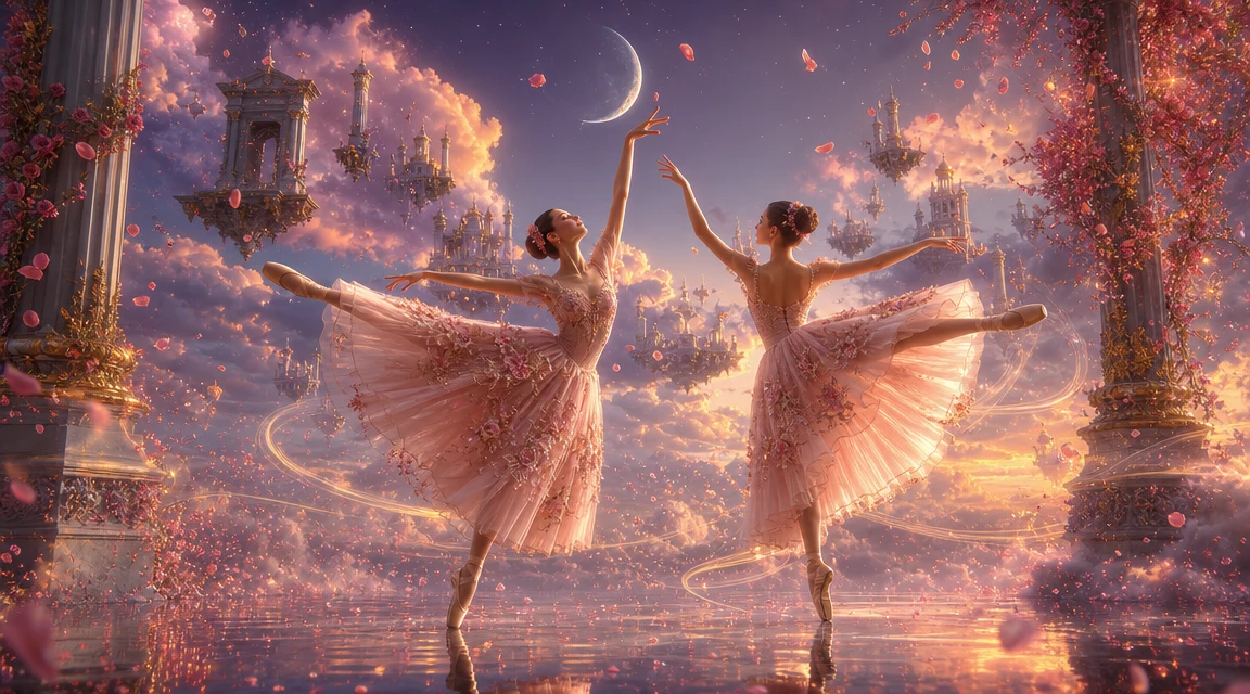 Zwei Ballerinen tanzen auf einer reflektierenden surrealen Himmelsbühne