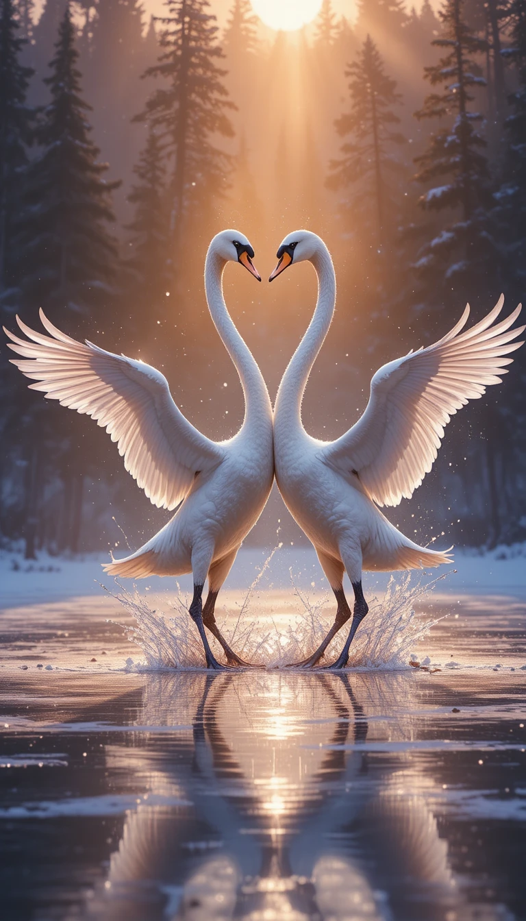 Deux cygnes s’élèvent dans le givre au-dessus d’un lac gelé à l’aube