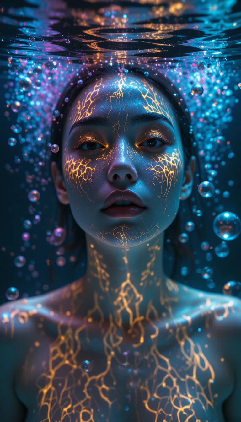 Portrait néon sous-marin d’une femme dans des bulles scintillantes