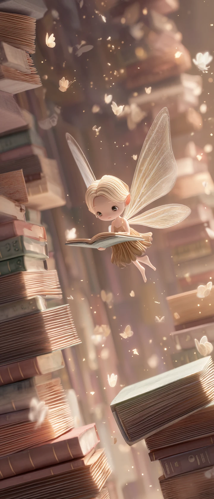 Fadinha de livro em estilo anime voando por uma biblioteca estrelada