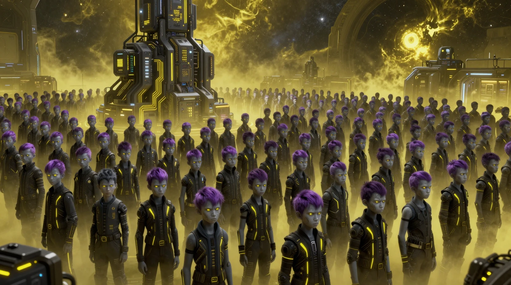 Foule Futuriste de Garçons Adolescents aux Yeux Lumineux dans l’Espace